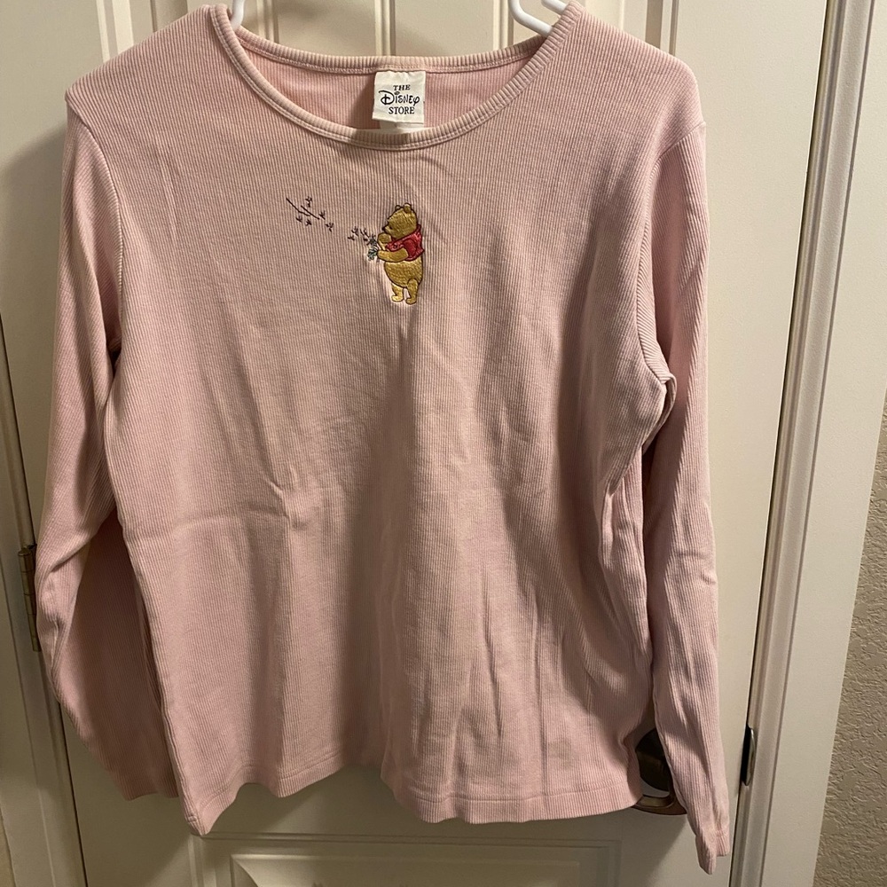 Vintage Disney Store Top XL Pink Embroidered Winnie Pooh Ribbed Shirt Long SlTee